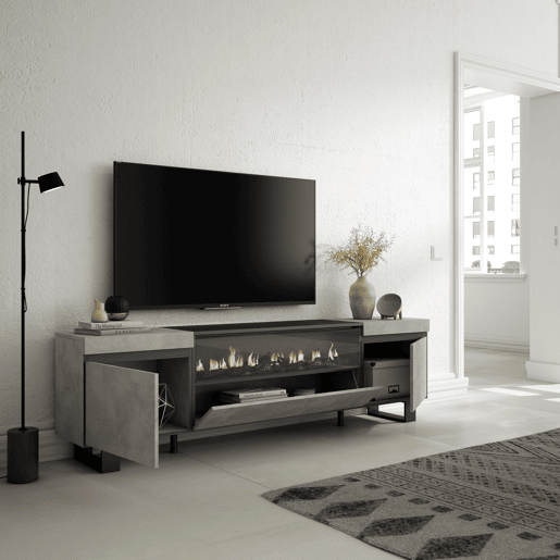 Móvel de TV, Muito espaço de arrumação, 200x57x35cm, Para televisores até 80, Lareira eléctrica, Design industrial, Estilo moderno, Cimento Móvel de TV, Muito espaço de arrumação, 200x57x35cm, Para televisores até 80, Lareira eléctrica, Design industrial, Estilo moderno, Cimento