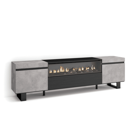 Móvel de TV, Muito espaço de arrumação, 200x57x35cm, Para televisores até 80, Lareira eléctrica, Design industrial, Estilo moderno, Cimento