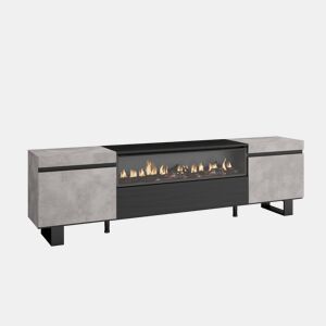 Móvel de TV, Muito espaço de arrumação, 200x57x35cm, Para televisores até 80, Lareira eléctrica, Design industrial, Estilo moderno, Cimento