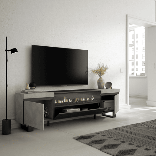 Móvel de TV, Muito espaço de arrumação, 200x57x35cm, Para televisores até 80, Lareira eléctrica, Design industrial, Estilo moderno, Cimento