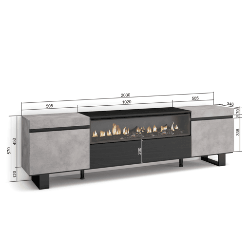Móvel de TV, Muito espaço de arrumação, 200x57x35cm, Para televisores até 80, Lareira eléctrica, Design industrial, Estilo moderno, Cimento