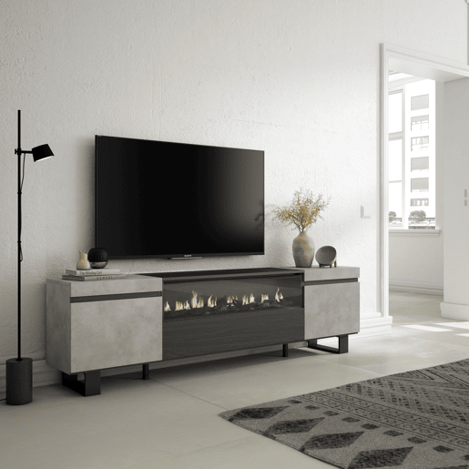 Móvel de TV, Muito espaço de arrumação, 200x57x35cm, Para televisores até 80, Lareira eléctrica, Design industrial, Estilo moderno, Cimento