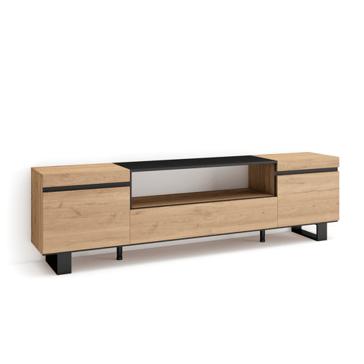 Móvel de TV, Muito espaço de arrumação, 200x57x35cm, Para televisores até 80, Design industrial, Estilo moderno, Carvalho e preto