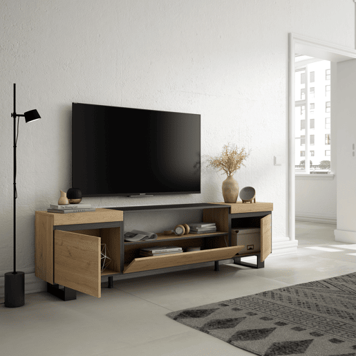 Móvel de TV, Muito espaço de arrumação, 200x57x35cm, Para televisores até 80, Design industrial, Estilo moderno, Carvalho e preto