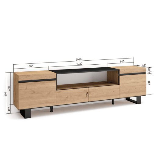 Móvel de TV, Muito espaço de arrumação, 200x57x35cm, Para televisores até 80, Design industrial, Estilo moderno, Carvalho e preto