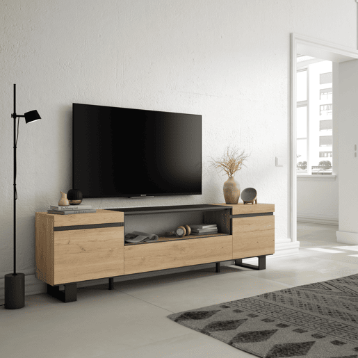 Móvel de TV, Muito espaço de arrumação, 200x57x35cm, Para televisores até 80, Design industrial, Estilo moderno, Carvalho e preto