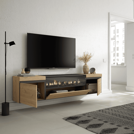Móvel de TV, Muito espaço de arrumação, 200x35x45cm, Para televisores até 80, Lareira eléctrica, Suspensos, Estilo moderno, Carvalho e preto Móvel de TV, Muito espaço de arrumação, 200x35x45cm, Para televisores até 80, Lareira eléctrica, Suspensos, Estilo moderno, Carvalho e preto
