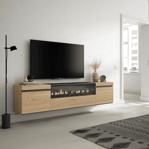 Móvel de TV, Muito espaço de arrumação, 200x35x45cm, Para televisores até 80, Lareira eléctrica, Suspensos, Estilo moderno, Carvalho e preto Móvel de TV, Muito espaço de arrumação, 200x35x45cm, Para televisores até 80, Lareira eléctrica, Suspensos, Estilo moderno, Carvalho e preto