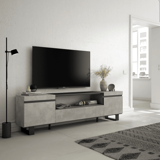 Móvel de TV, Muito espaço de arrumação, 200x57x35cm, Para televisores até 80, Design industrial, Estilo moderno, Cimento Móvel de TV, Muito espaço de arrumação, 200x57x35cm, Para televisores até 80, Design industrial, Estilo moderno, Cimento