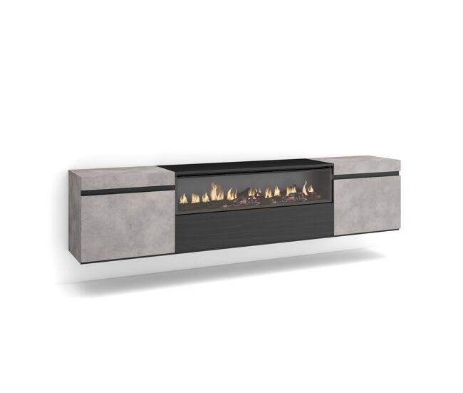 Mueble tv, televisión muebles de salón, almacenaje 200x35x45cm para tv hasta 80" chimenea eléctrica colgado, suspendido estilo moderno cemento