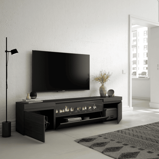 Móvel de TV, Muito espaço de arrumação, 200x35x45cm, Para televisores até 80, Lareira eléctrica, Estilo moderno, Preto Móvel de TV, Muito espaço de arrumação, 200x35x45cm, Para televisores até 80, Lareira eléctrica, Estilo moderno, Preto