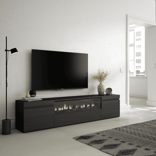 Móvel de TV, Muito espaço de arrumação, 200x35x45cm, Para televisores até 80, Lareira eléctrica, Estilo moderno, Preto Móvel de TV, Muito espaço de arrumação, 200x35x45cm, Para televisores até 80, Lareira eléctrica, Estilo moderno, Preto