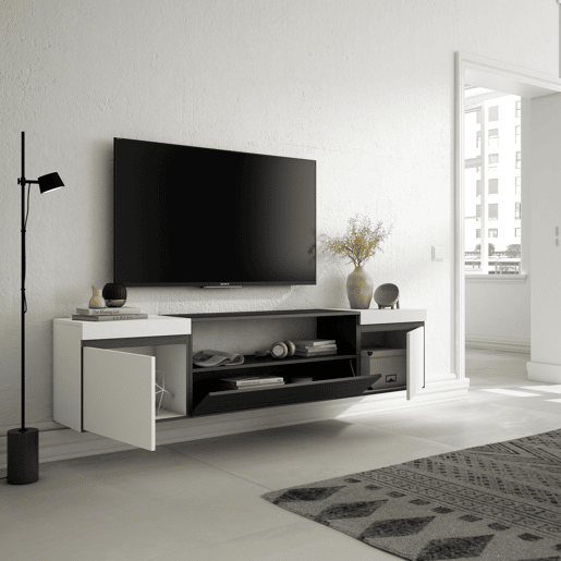 Móvel de TV, Muito espaço de arrumação, 200x35x45cm, Para televisores até 80, Suspensos, Estilo moderno, Branco e preto Móvel de TV, Muito espaço de arrumação, 200x35x45cm, Para televisores até 80, Suspensos, Estilo moderno, Branco e preto