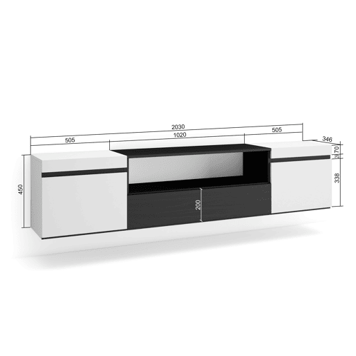Móvel de TV, Muito espaço de arrumação, 200x35x45cm, Para televisores até 80, Suspensos, Estilo moderno, Branco e preto Móvel de TV, Muito espaço de arrumação, 200x35x45cm, Para televisores até 80, Suspensos, Estilo moderno, Branco e preto