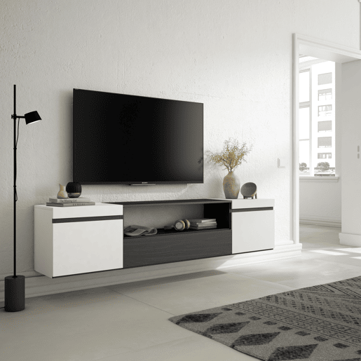 Móvel de TV, Muito espaço de arrumação, 200x35x45cm, Para televisores até 80, Suspensos, Estilo moderno, Branco e preto Móvel de TV, Muito espaço de arrumação, 200x35x45cm, Para televisores até 80, Suspensos, Estilo moderno, Branco e preto