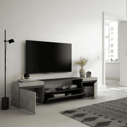 Móvel de TV, Muito espaço de arrumação, 200x35x45cm, Para televisores até 80, Estante para TV, Estilo moderno, Cimento
