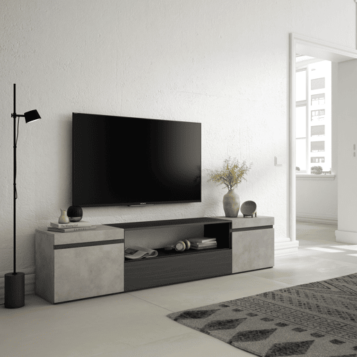 Móvel de TV, Muito espaço de arrumação, 200x35x45cm, Para televisores até 80, Estante para TV, Estilo moderno, Cimento