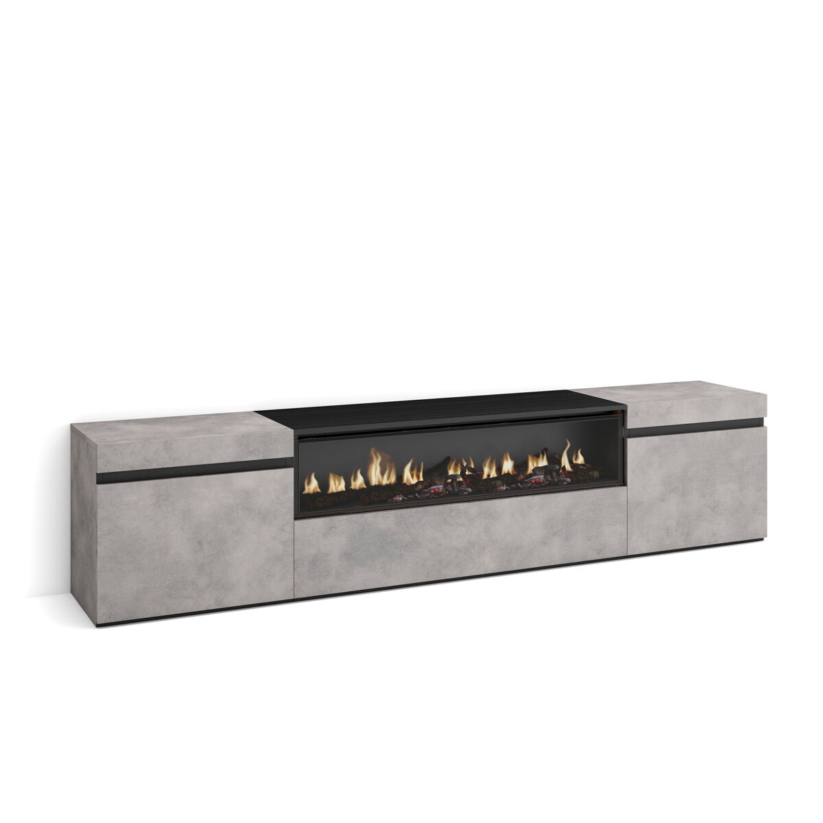 Mueble tv, televisión muebles de salón, almacenaje 200x35x45cm para tv hasta 80" chimenea eléctrica estilo moderno cemento