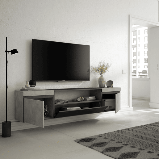 Móvel de TV, Muito espaço de arrumação, 200x35x45cm, Para televisores até 80, Suspensos, Estilo moderno, Cimento