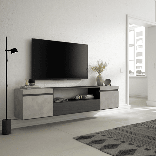 Móvel de TV, Muito espaço de arrumação, 200x35x45cm, Para televisores até 80, Suspensos, Estilo moderno, Cimento