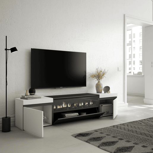 Móvel de TV, Muito espaço de arrumação, 200x35x45cm, Para televisores até 80, Lareira eléctrica, Estilo moderno, Branco e preto Móvel de TV, Muito espaço de arrumação, 200x35x45cm, Para televisores até 80, Lareira eléctrica, Estilo moderno, Branco e preto