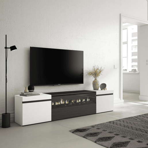 Móvel de TV, Muito espaço de arrumação, 200x35x45cm, Para televisores até 80, Lareira eléctrica, Estilo moderno, Branco e preto Móvel de TV, Muito espaço de arrumação, 200x35x45cm, Para televisores até 80, Lareira eléctrica, Estilo moderno, Branco e preto