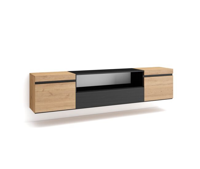 Mueble tv, televisión muebles de salón, almacenaje 200x35x45cm para tv hasta 80" colgado, suspendido estilo moderno roble y negro