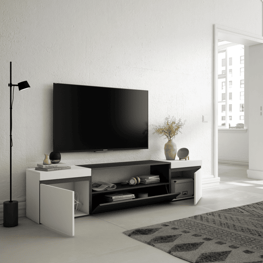 Móvel de TV, Muito espaço de arrumação, 200x35x45cm, Para televisores até 80, Estante para TV, Estilo moderno, Branco e preto Móvel de TV, Muito espaço de arrumação, 200x35x45cm, Para televisores até 80, Estante para TV, Estilo moderno, Branco e preto