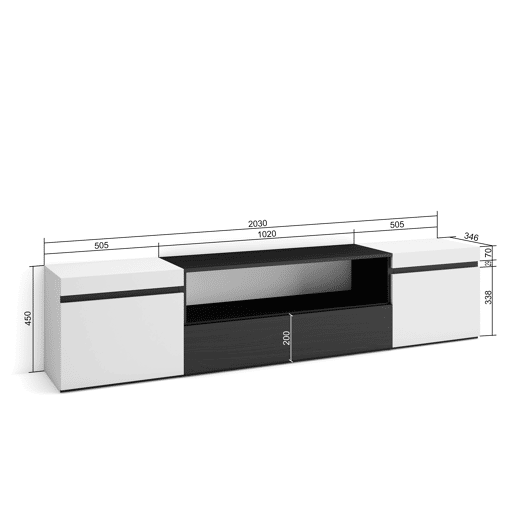 Móvel de TV, Muito espaço de arrumação, 200x35x45cm, Para televisores até 80, Estante para TV, Estilo moderno, Branco e preto Móvel de TV, Muito espaço de arrumação, 200x35x45cm, Para televisores até 80, Estante para TV, Estilo moderno, Branco e preto