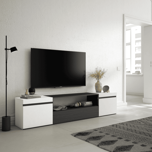 Móvel de TV, Muito espaço de arrumação, 200x35x45cm, Para televisores até 80, Estante para TV, Estilo moderno, Branco e preto Móvel de TV, Muito espaço de arrumação, 200x35x45cm, Para televisores até 80, Estante para TV, Estilo moderno, Branco e preto