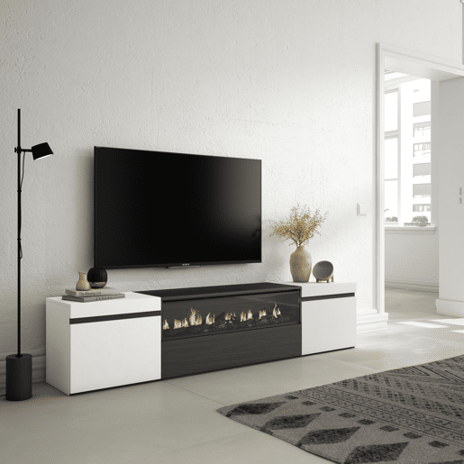 Móvel de TV, Muito espaço de arrumação, 200x35x45cm, Para televisores até 80, Lareira eléctrica, Estilo moderno, Branco e preto