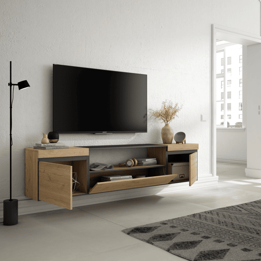 Móvel de TV, Muito espaço de arrumação, 200x35x45cm, Para televisores até 80, Suspensos, Estilo moderno, Carvalho e preto
