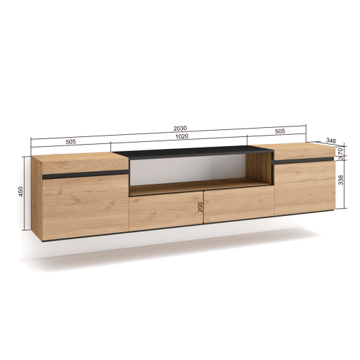 Móvel de TV, Muito espaço de arrumação, 200x35x45cm, Para televisores até 80, Suspensos, Estilo moderno, Carvalho e preto