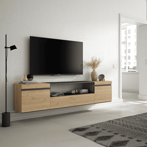 Móvel de TV, Muito espaço de arrumação, 200x35x45cm, Para televisores até 80, Suspensos, Estilo moderno, Carvalho e preto