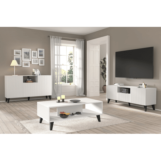Ravenna PB 150 2D1DM Cómoda em MDF laminado branco com acabamento mate e pés pretos 150x42x87 cm