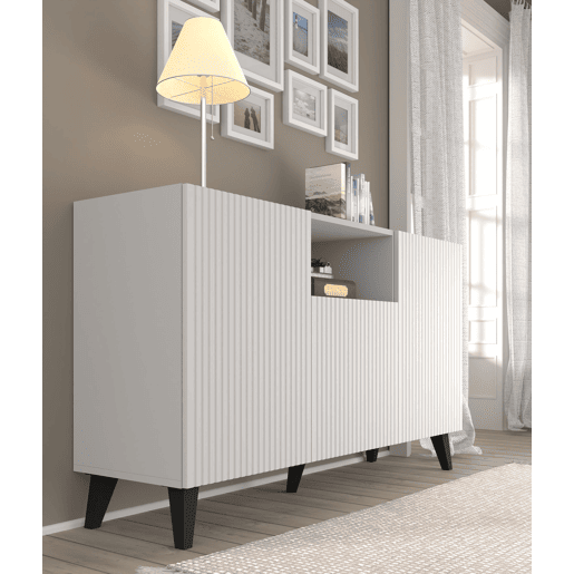 Ravenna PB 150 2D1DM Cómoda em MDF laminado branco com acabamento mate e pés pretos 150x42x87 cm