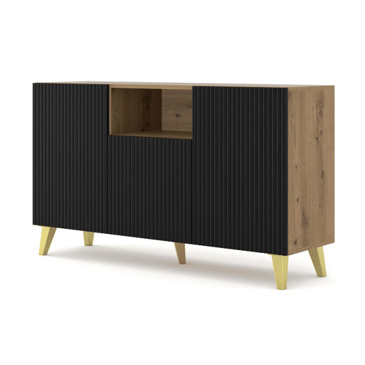 Ravenna PB 150 2D1DM Cómoda em MDF laminado de carvalho feito à mão com acabamento preto e pernas douradas 150x42x87 cm