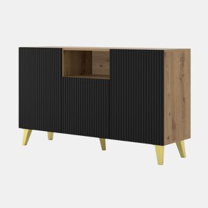 Ravenna PB 150 2D1DM Cómoda em MDF laminado de carvalho feito à mão com acabamento preto e pernas douradas 150x42x87 cm