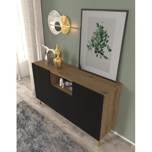 Ravenna PB 150 2D1DM Cómoda em MDF laminado de carvalho feito à mão com acabamento preto e pernas douradas 150x42x87 cm