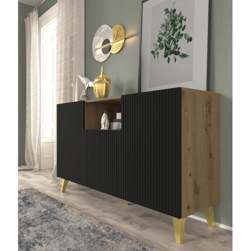 Ravenna PB 150 2D1DM Cómoda em MDF laminado de carvalho feito à mão com acabamento preto e pernas douradas 150x42x87 cm