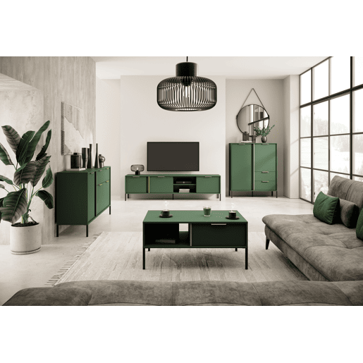 Cómoda LARS 153 3D2S com design moderno e acabamento de alta qualidade 154x40x82 cm Verde e dourado