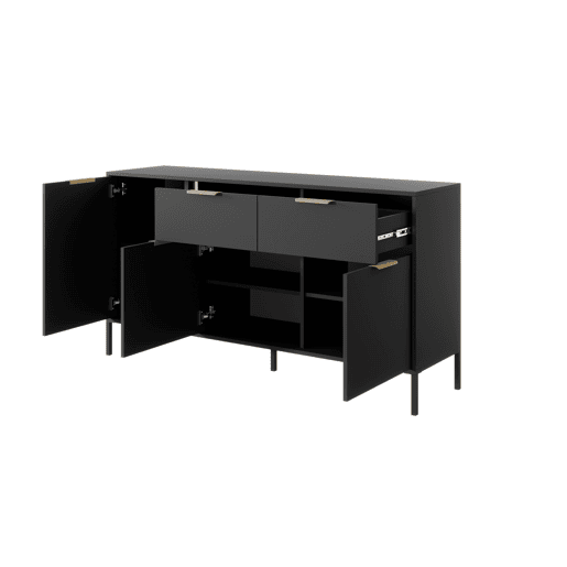 Cómoda LARS 153 3D2S com design moderno e acabamento de alta qualidade 154x40x82 cm Preto e Dourado