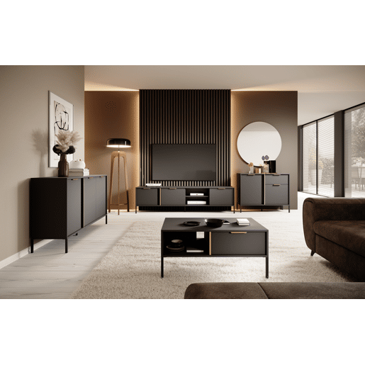 Cómoda LARS 153 3D2S com design moderno e acabamento de alta qualidade 154x40x82 cm Preto e Dourado