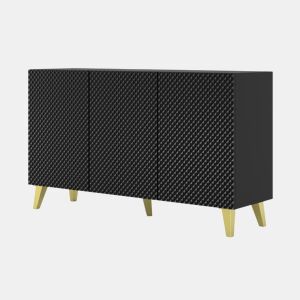 Cómoda Ravenna PC 150 3D preto mate, preto brilhante e pernas douradas 150x42x87 cm