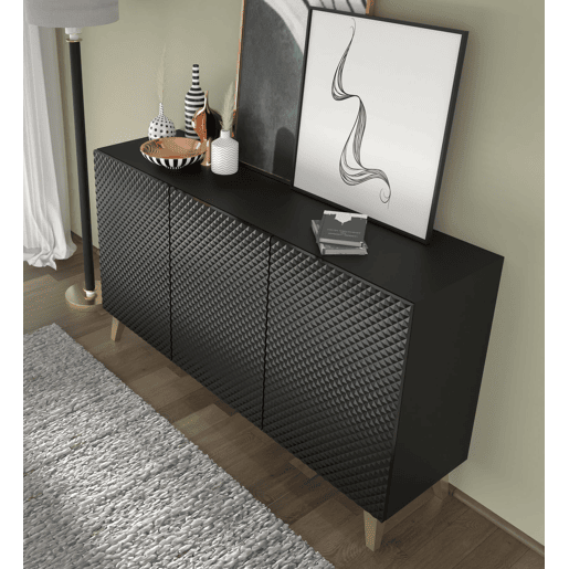 Cómoda Ravenna PC 150 3D preto mate, preto brilhante e pernas douradas 150x42x87 cm