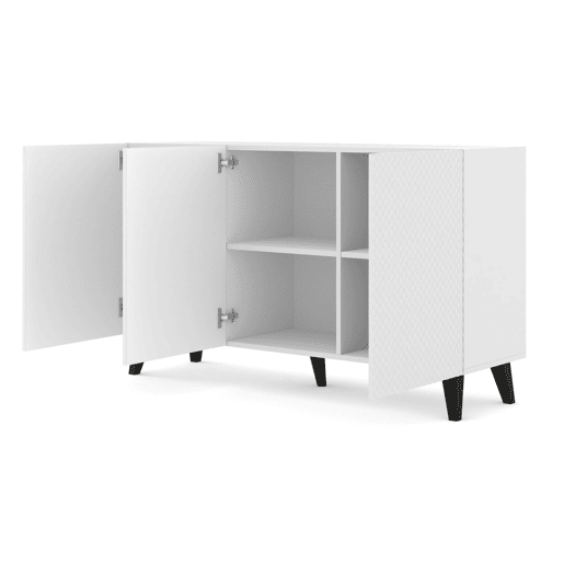 Cómoda Ravenna PC 150 3D com acabamento branco mate, brilho branco e pernas pretas 150x42x87 cm