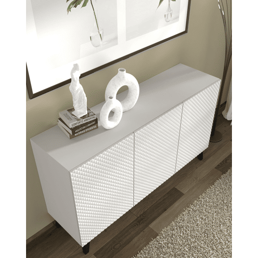 Cómoda Ravenna PC 150 3D com acabamento branco mate, brilho branco e pernas pretas 150x42x87 cm