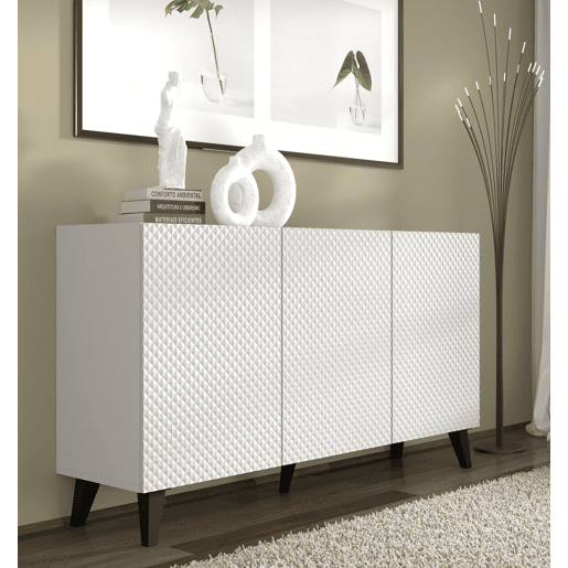 Cómoda Ravenna PC 150 3D com acabamento branco mate, brilho branco e pernas pretas 150x42x87 cm