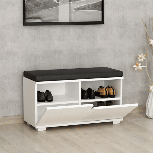 Sapateira Brande estofada em aglomeradotêxtil 42 x 80 x 35 cm branco  preto en.casa.