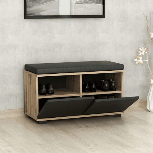 Sapateira Brande estofada em aglomeradotêxtil 42 x 80 x 35 cm carvalho  preto en.casa.